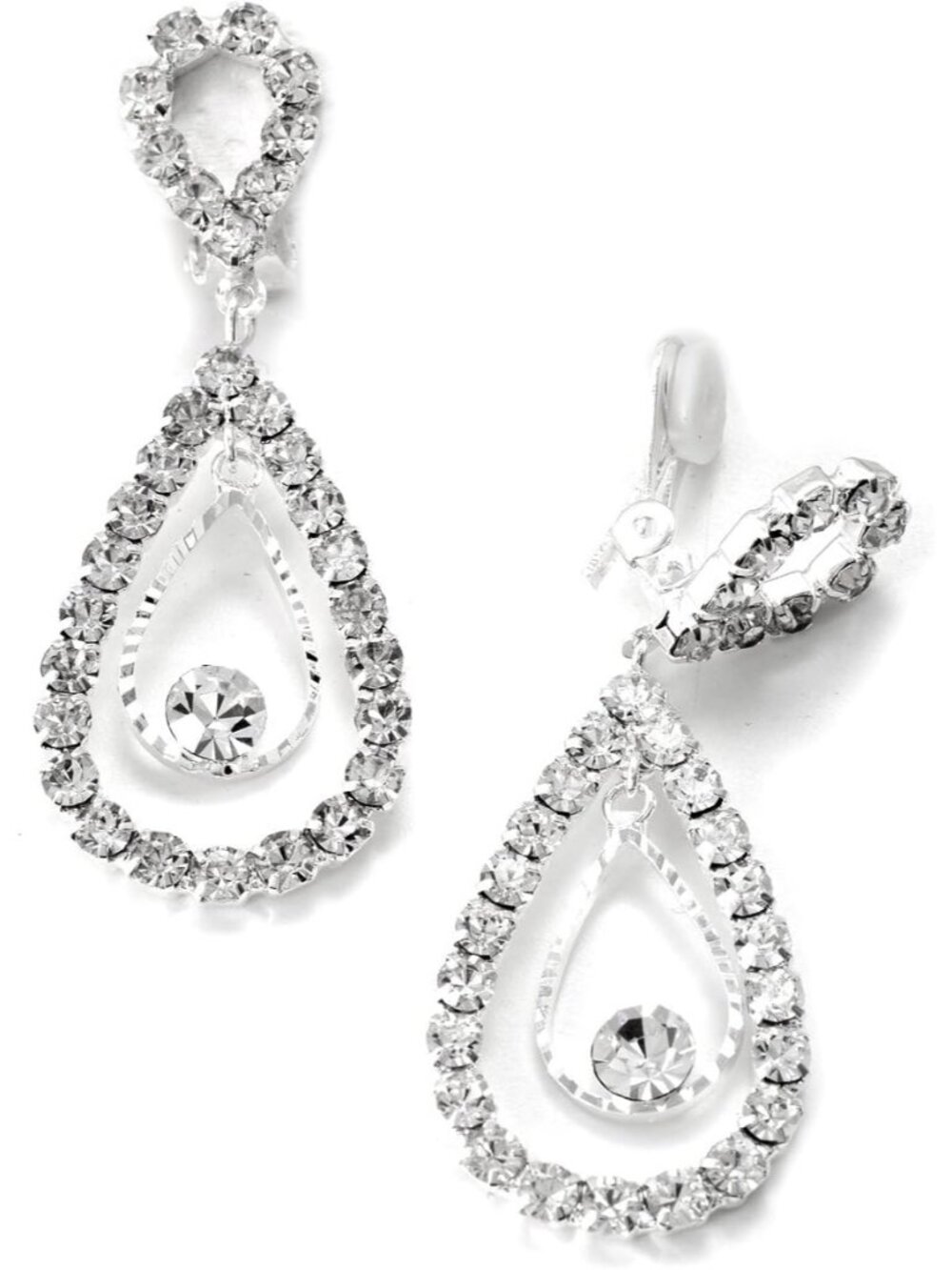 Silver Crystal 2 Layer Teardrop Pear Shape Dangle Clip Earrings Tipped with Upsi